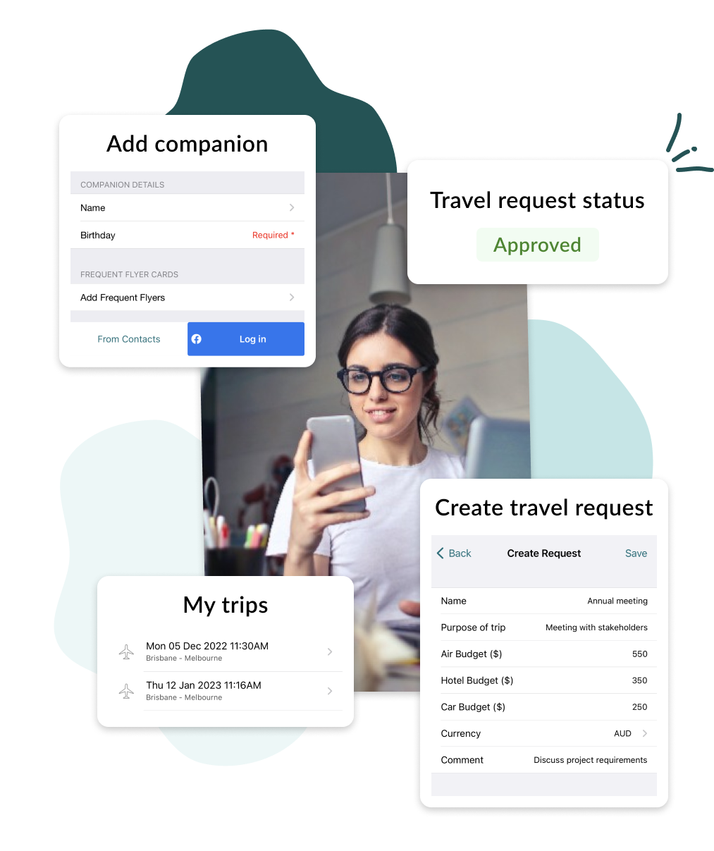 Corporate features include adding business travel companions and sending and approving travel budget requests